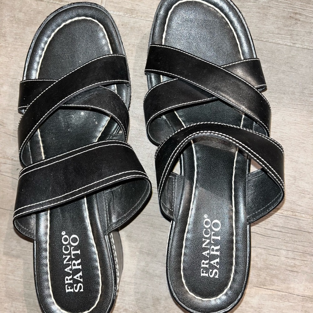 Black trimmed with white stitching Franco sarto mule sandals size 8